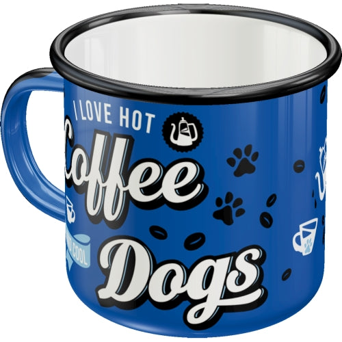 Emaljmugg "Hot Coffee & Cool  Dogs", 8,5 x 9 cm, 0,33L"